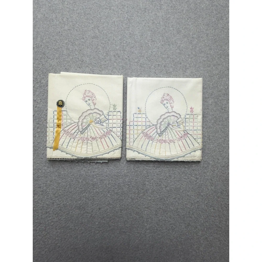 Hand Embroidered Pillowcases Set of 2 Pastel Lady with Fan Crochet‎ Lace Trim